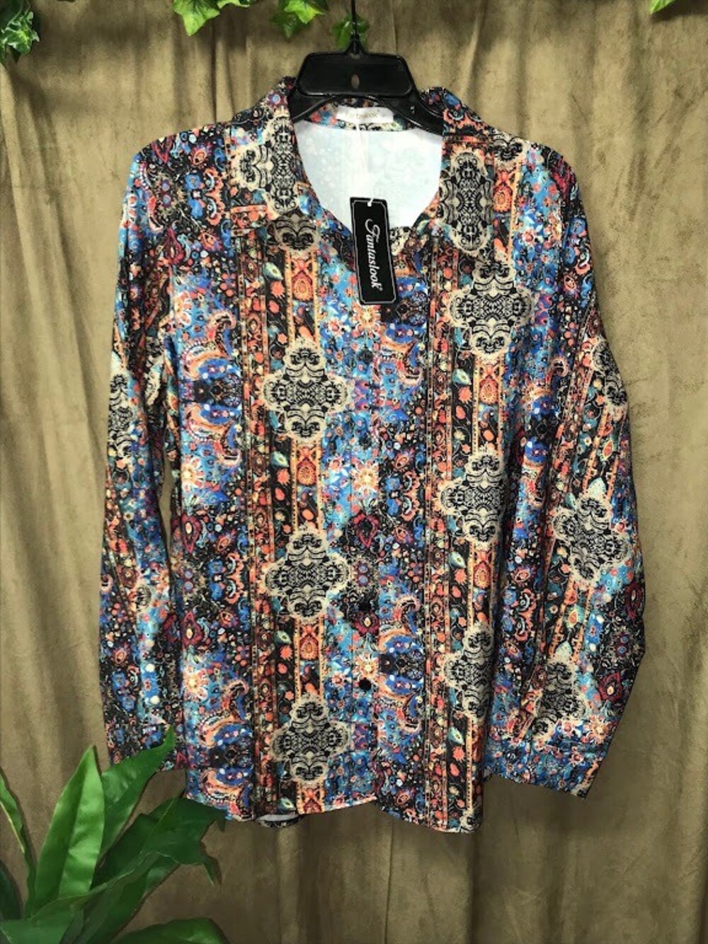 Fantaslook Unisex, Size Large, Long Sleeve Shirt Multicolor Paisley Design